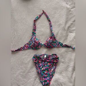 Y2K Victoria's Secret Teal Floral Bikini Set with Pink & Red Accents